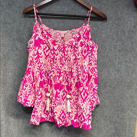 Lilly Pulitzer Alanna lace Tons of fun cold shoulder magenta tassel shirt xs - Picture 4 of 15